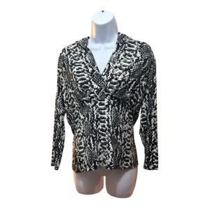 CARLISLE Black Snake Print Top Sexy Deep V-Neck 3/4 Sleeve Luxury Designer Large
